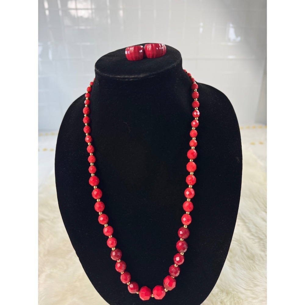 Vintage‎ Red Faceted Bead Necklace and Matching Red Enamel Clip On Hoop Earrings